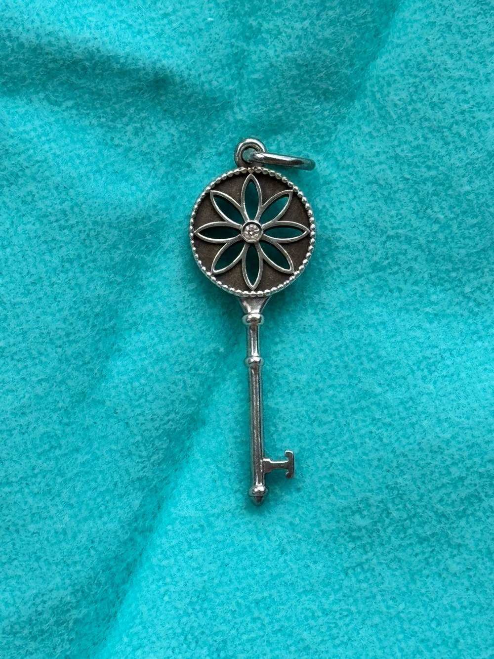Tiffany & Co. Silver Key Pendant with Teal Flower Enamel 925 silver key